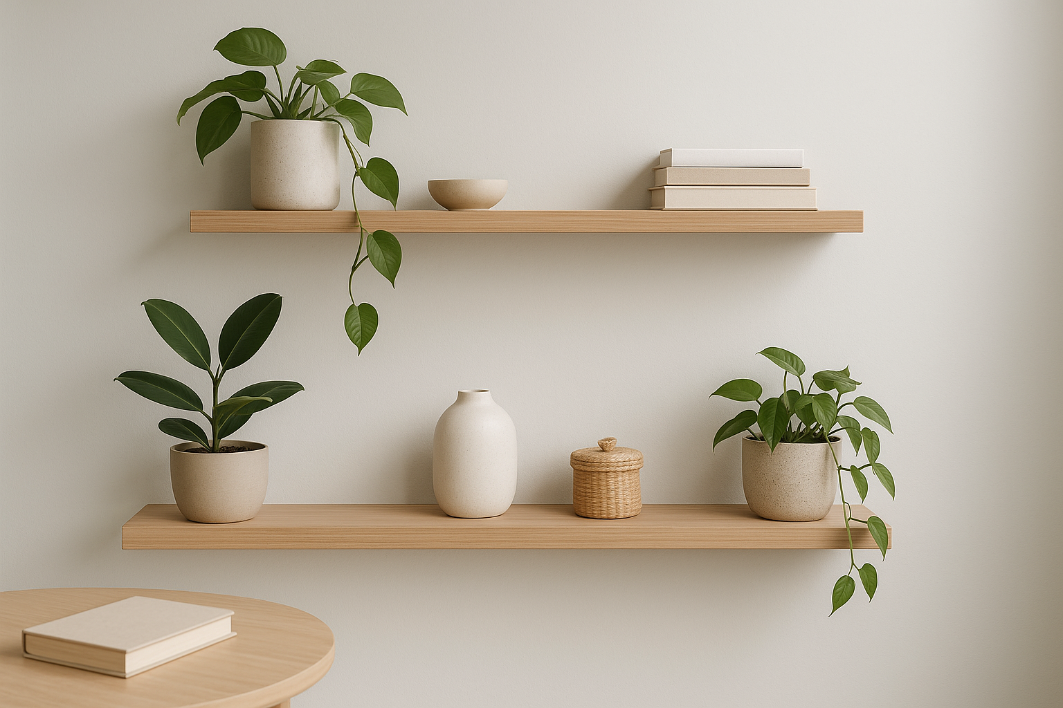 minimalist home interior with natural light, wooden shelves, green plants, and neutral decor. clean background in light gray (#EFF0F5), soft shadows, modern and cozy atmosphere, photography style, product display composition